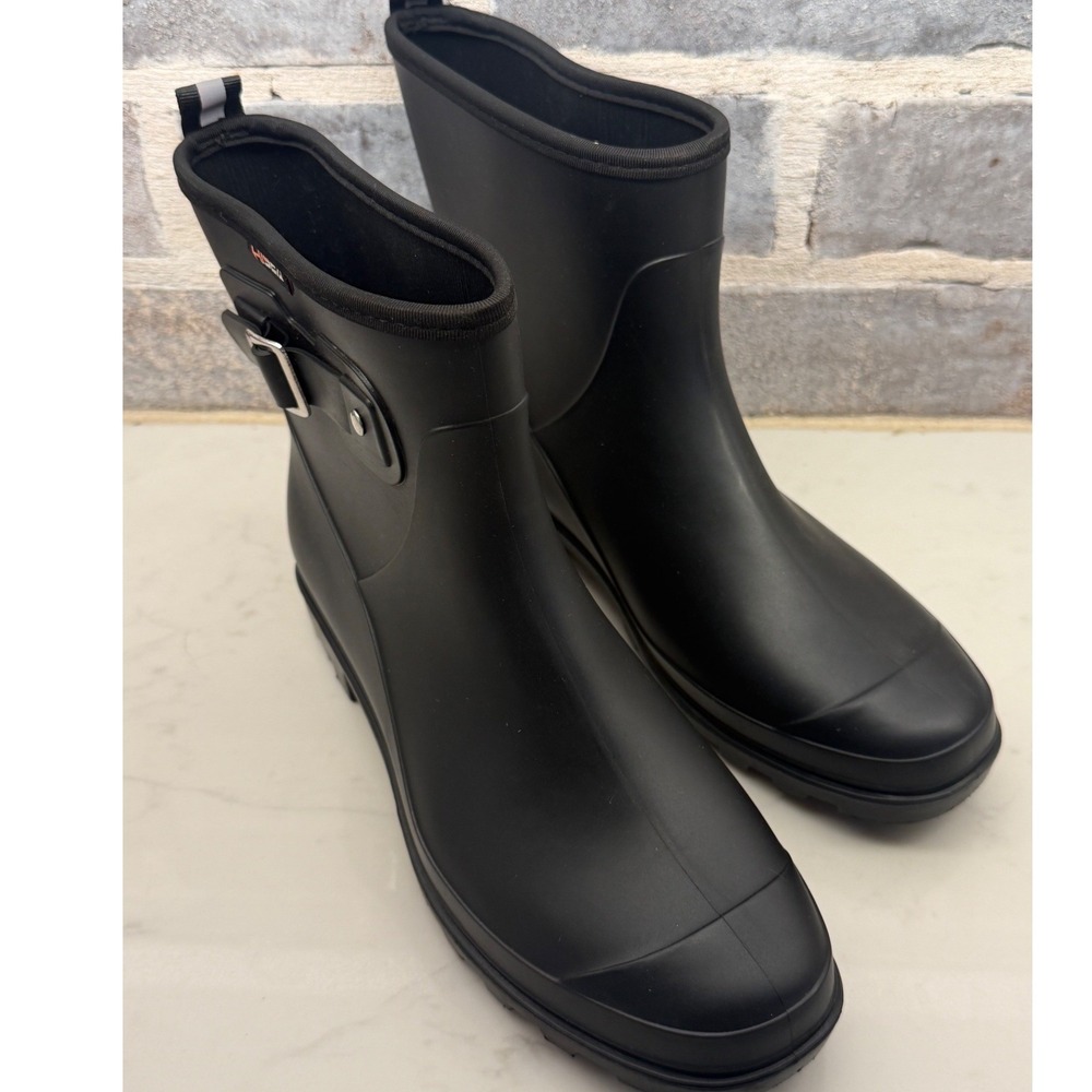 HISEA Women Black Waterproof Rubber Rain Ankle Boots Buckle Lug Sole Size 9